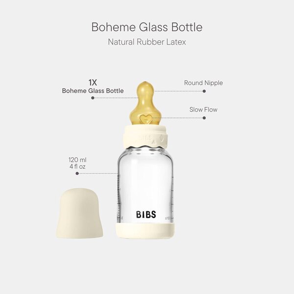 Bibs Glass Baby Bottle, 120ml Slow Flow Ivory - Bibs