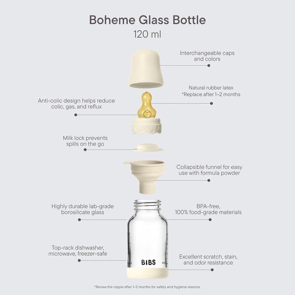 Bibs Glass Baby Bottle, 120ml Slow Flow Ivory - Bibs