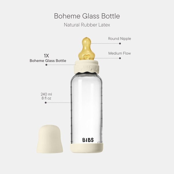 Bibs Glass Baby Bottle 240ml, Medium Flow Ivory - Bibs