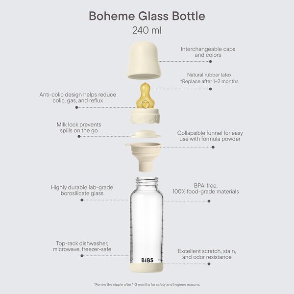 Bibs Glass Baby Bottle 240ml, Medium Flow Ivory - Bibs