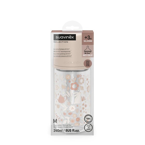 Suavinex Glass Bottle Slow flow 240ml Wonderland, Rose - Suavinex